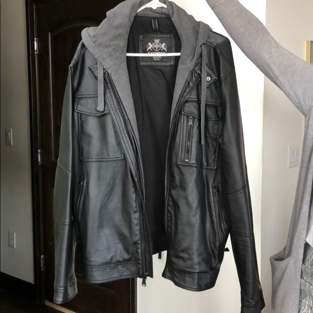 Men’s Express Black faux  jacket w/Gray hood XL